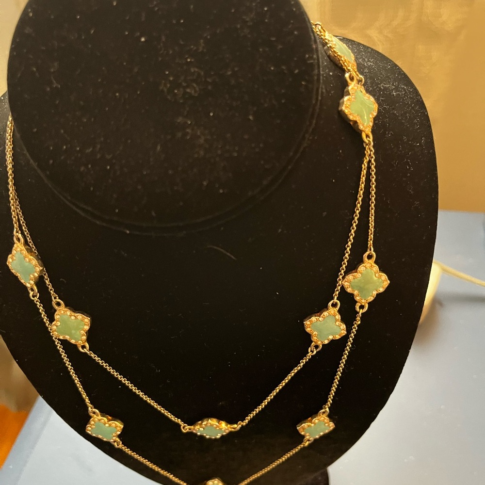Gold Plated Green Clover Station Necklace - Women Jewelry - Picture 2 of 4